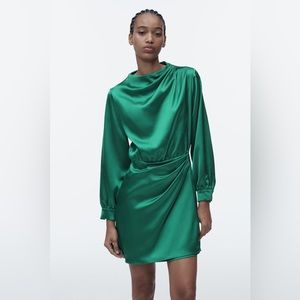 ZARA green SATIN EFFECT MINI DRESS, long sleeve. Bought from zara it